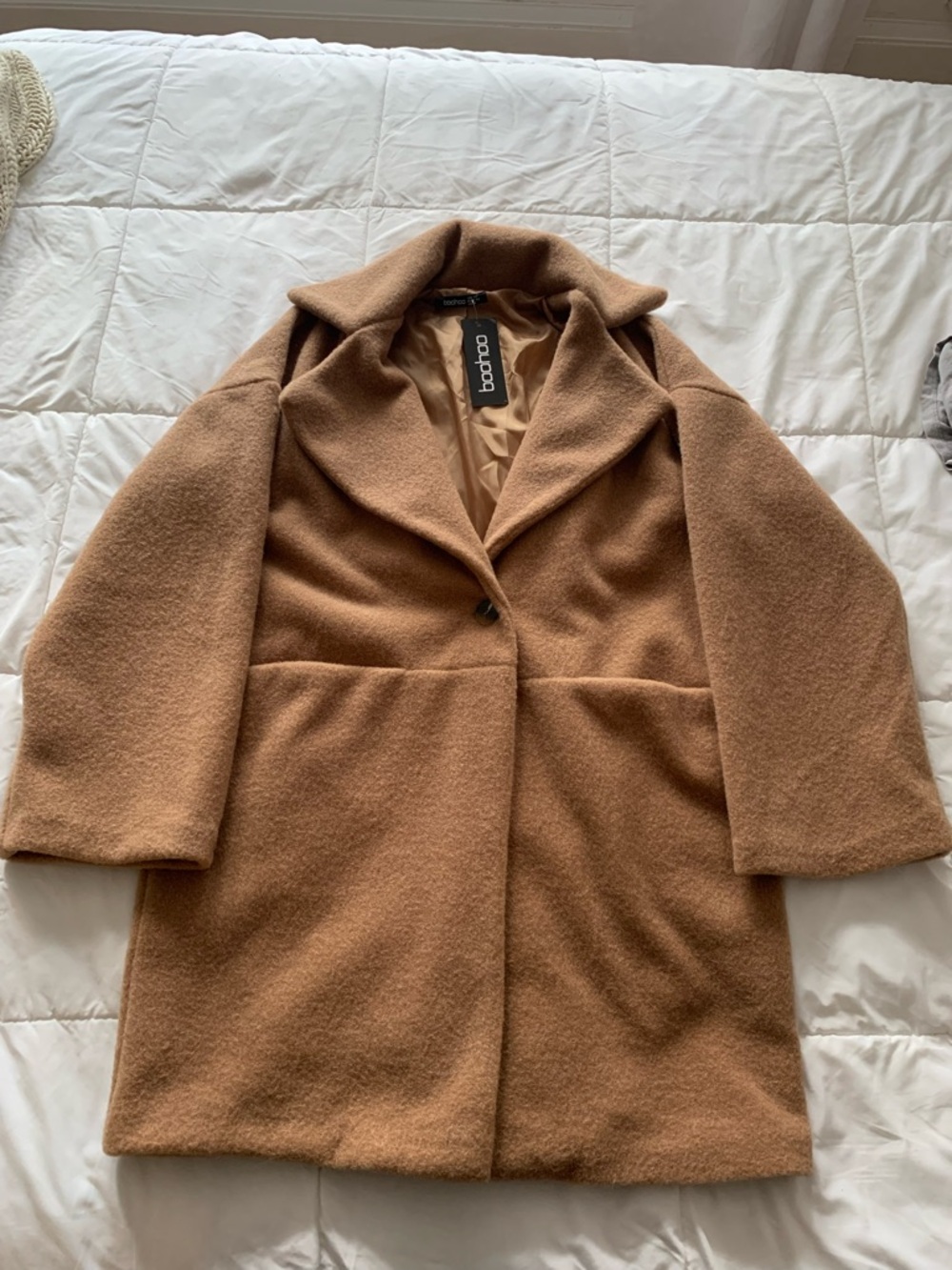 Boohoo Camel Single-Button Wool-Blend Trench Coat